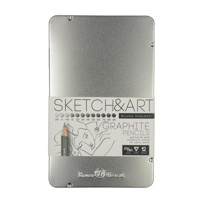 Набор карандашей чернографитных SKETCH&amp;ART 2H-9B 12шт в мет.кор.21-0009