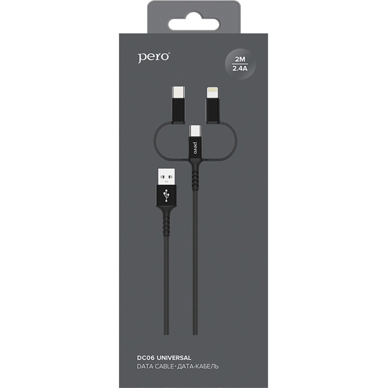 Кабель PERO, DC-06, 2.4А, 2м, Lightning/micro USB/Type-C, черный