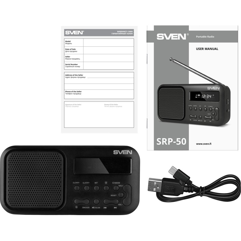Радиоприемник Sven SRP-50, 3Вт, BT/FM/USB-C, будильник, встр аккум
