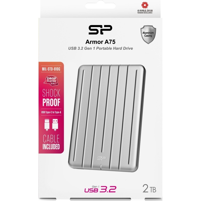 Портативный HDD Silicon Power Armor A75 2 TB USB 3.2, серебристый, алюминий
