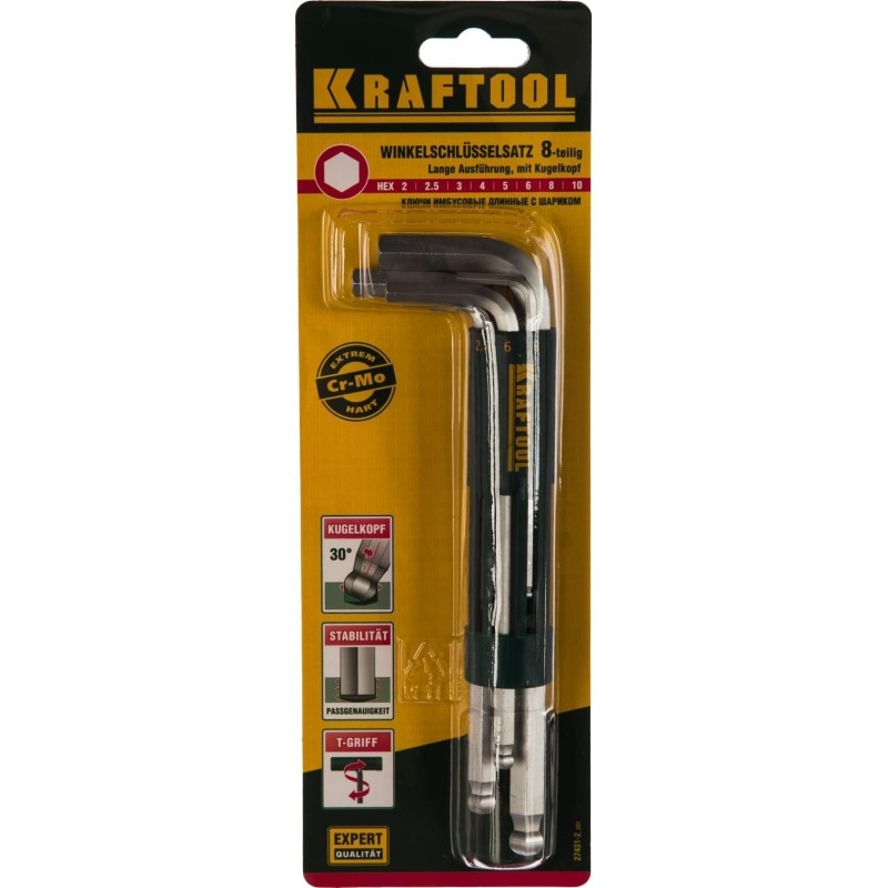 Набор ключей имбусовых KRAFTOOL,длинные с шариком,HEX 2-10мм, 8пред 27431-2