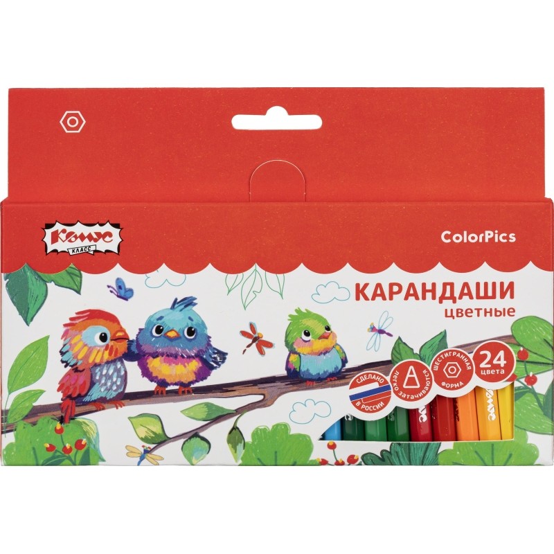 Карандаши цветные 24 цв/наб 6-гран №1School/Комус Класс ColorPics кртк,88мм