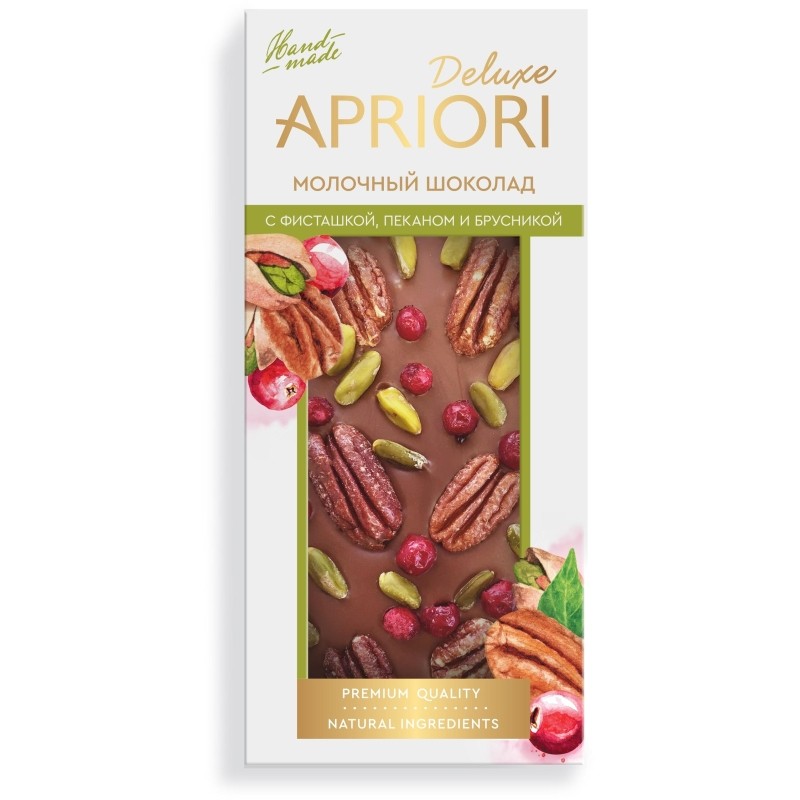 Шоколад Apriori молочный, с пеканом, фисташой и брусникой ШРР, 85г