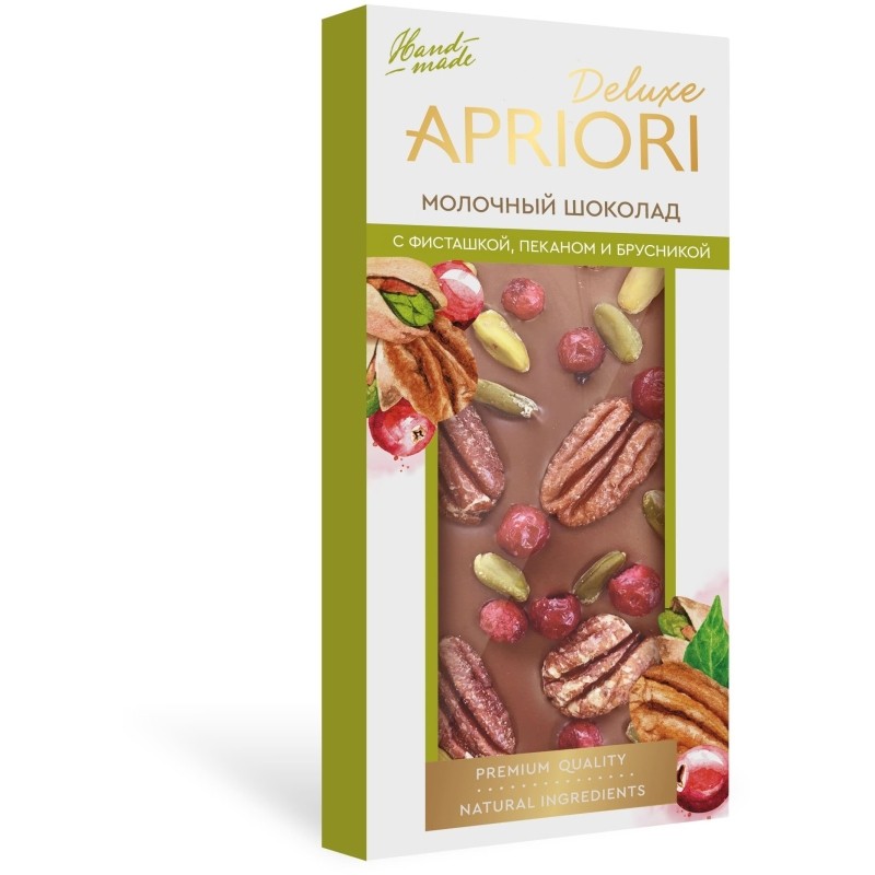 Шоколад Apriori молочный, с пеканом, фисташой и брусникой ШРР, 85г