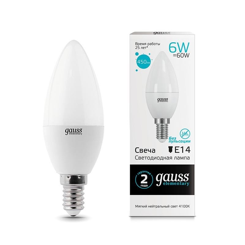 Лампа светодиодная Gauss Elementary 6W Е14 Свеча 4100K 450lm 33126