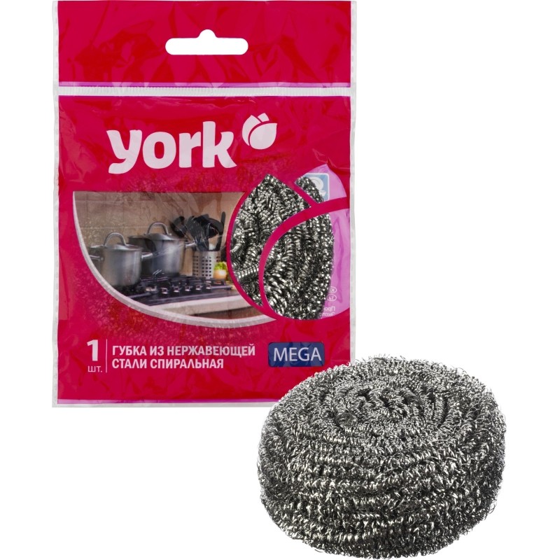 Губка-мочалка для мытья посуды YORK Мега спиральная стальная