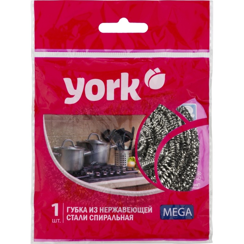 Губка-мочалка для мытья посуды YORK Мега спиральная стальная