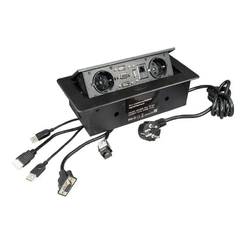 Блок розеток выдвижной горизонт 2 EURO, 2xUSB2.0 266х118х68мм