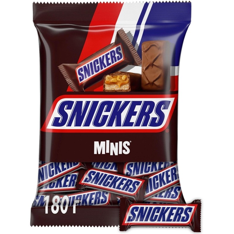Шоколадный батончик Snickers Minis с карамелью, арахис и нугой, пакет, 180г