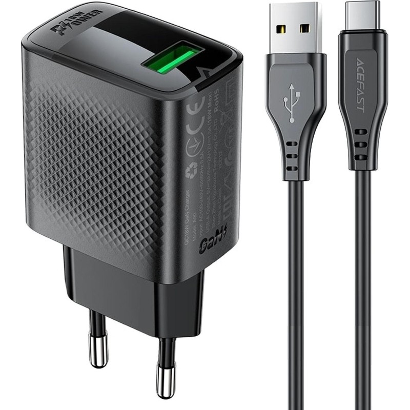 Зарядное устройство сетевое ACEFAST (AF-A90P3-BK)QC18W GaN USB-A с каб