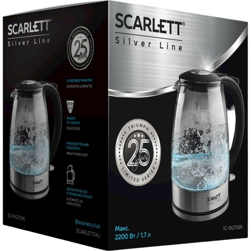 Чайник SCARLETT SC-EK27G95, электрический, стекло, 2200Вт, 1.7л, серебряный