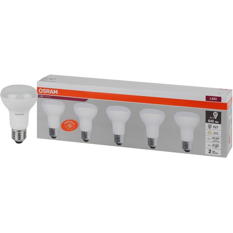 Лампа светодиодная OSRAM LVR60 8SW/830 230V E27 (5 шт/уп) 584037