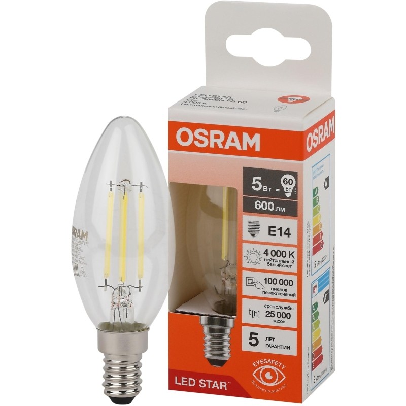 Лампа светодиодная OSRAM LSCLB60 5W/840 230VFILCL E14 FS1