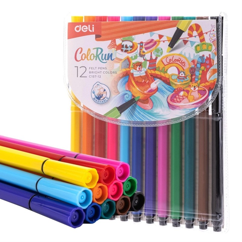 Фломастеры Deli EC157-12, 6-гранные, вентилируемый колпачок, 12 цв/наб