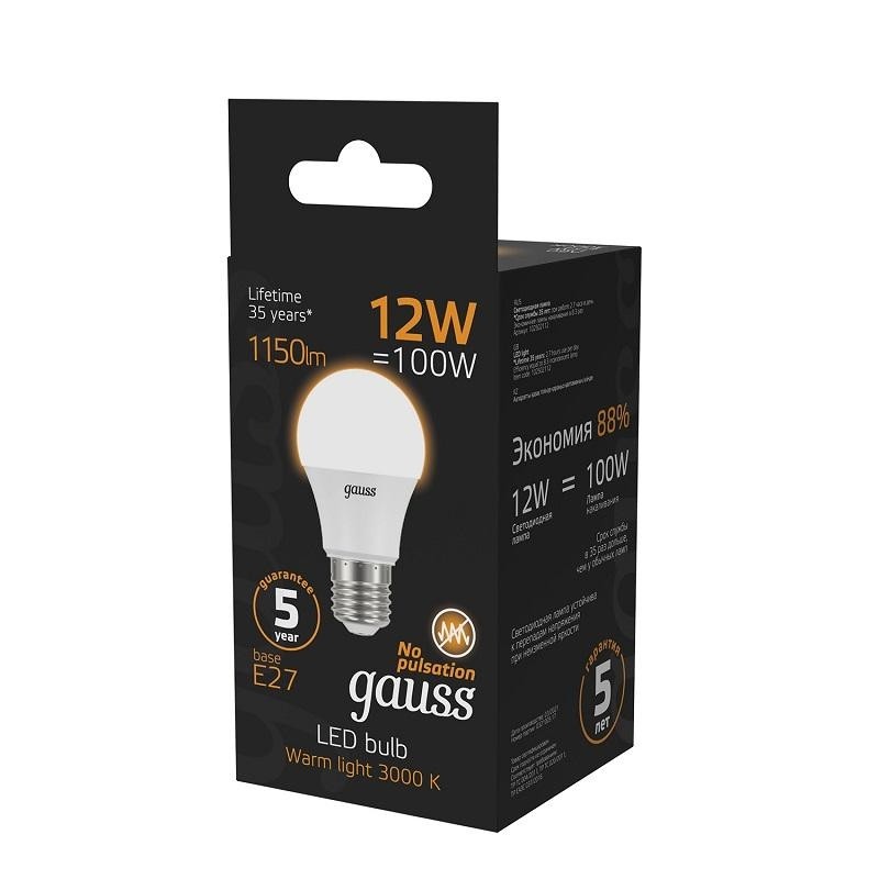 Лампа светодиодная Gauss 12W E27 A60 3000K 1150lm 102502112