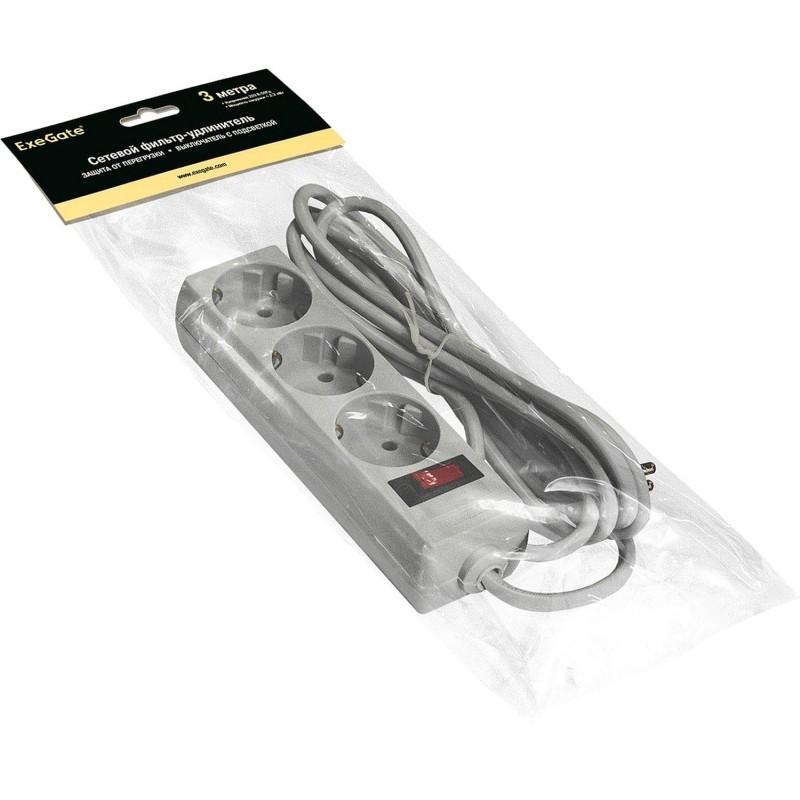Сетевой фильтр ExeGate SP-3-3G 3р/3м, 10А/2,2кВт,серый(EX221180RUS)