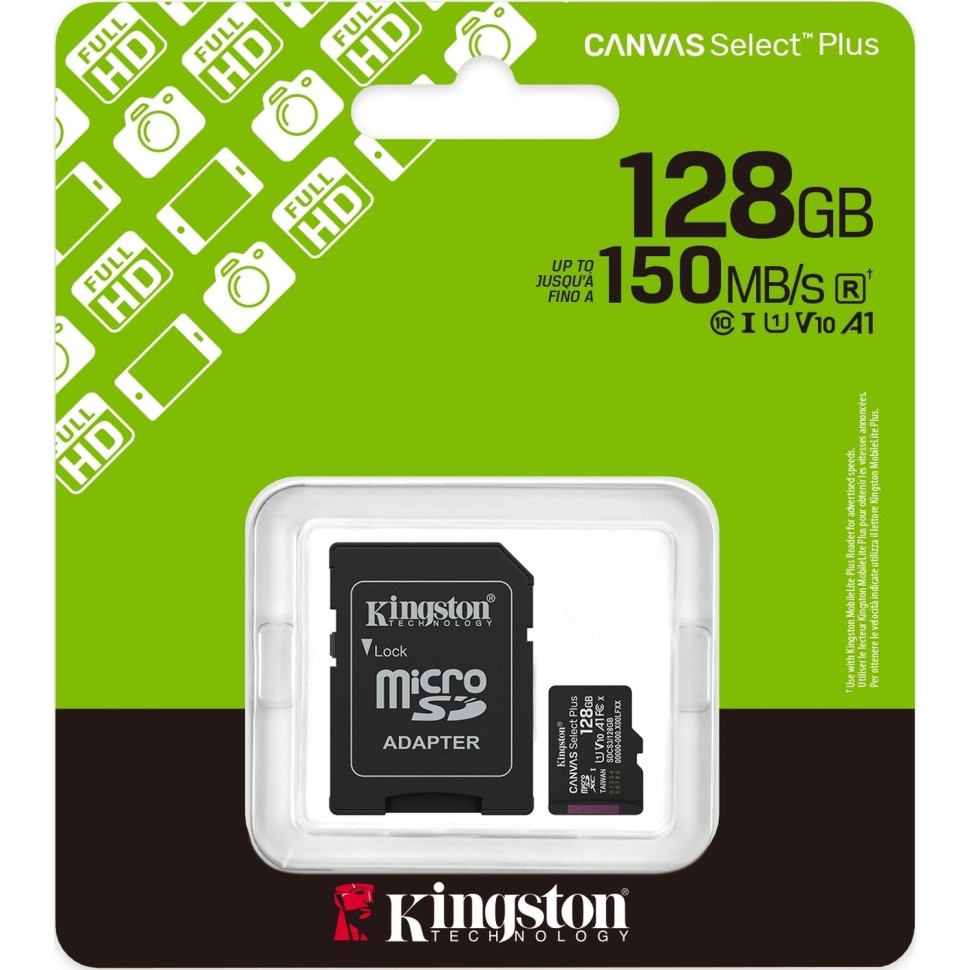Карта памяти Kingston micro SDXC,128GB,Canvas Select Plus,150MB/s,с адапт