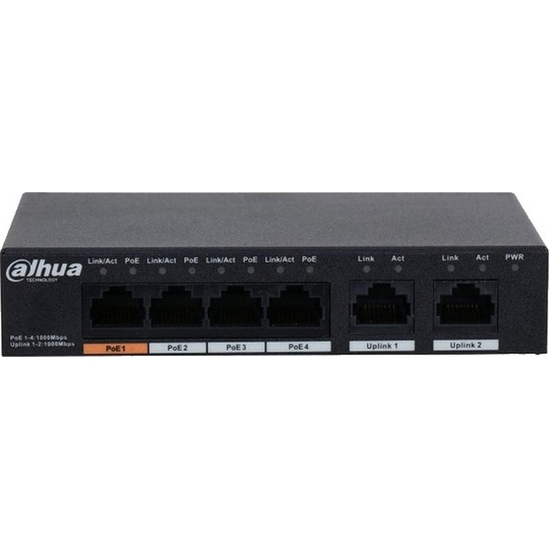 Коммутатор DAHUA (DH-PFS3006-4GT-60) гигабитный, 4xRJ45 1Gb PoE, 2xRJ45 1Gb
