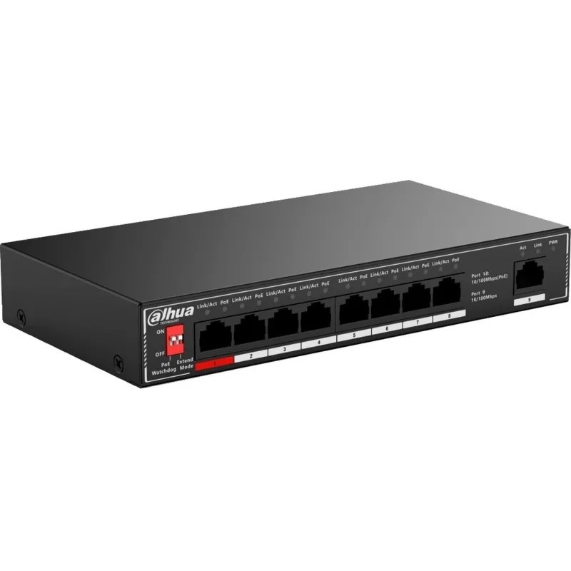 Коммутатор DAHUA (DH-SF1009P) с РоЕ, 8xRJ45 100Mb PoE, 1xRJ45 100Mb uplink