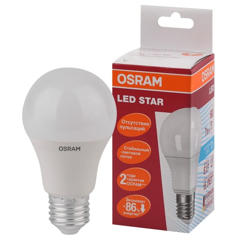 Лампа светодиодная OSRAM LED Star A, 7вт 4000К E27 (096417)