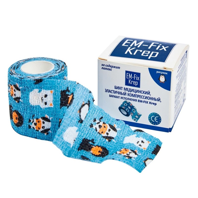 Бинт эласт 5см х 4,5м EM-FIX KREP, детский с рисунком, синий