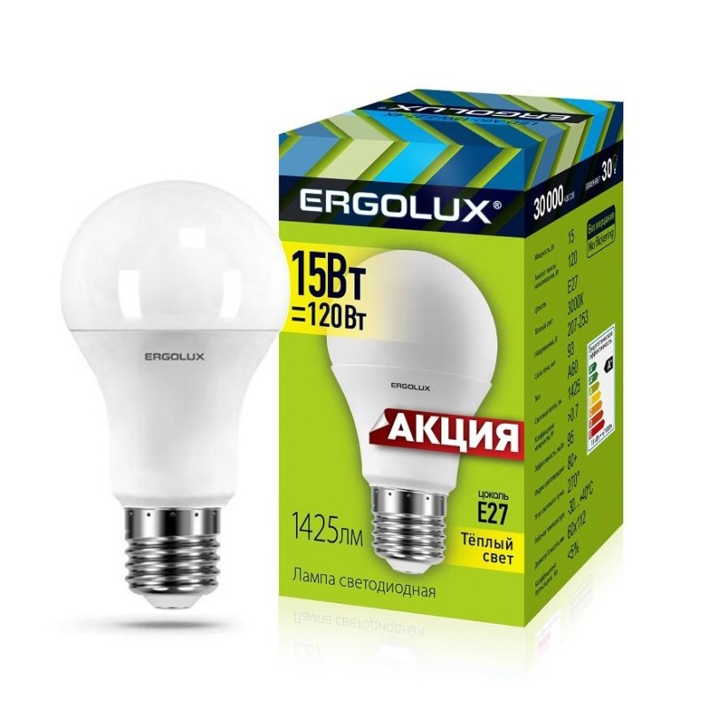 Лампа светодиодная Ergolux LED-A60-15W-E27-3K ЛОН