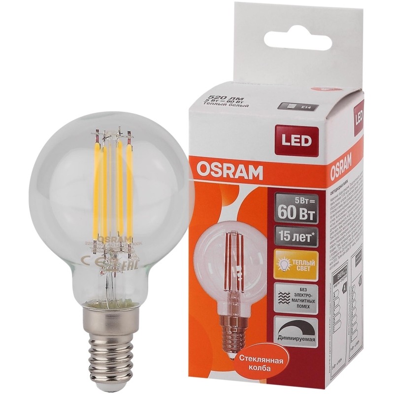 Лампа светодиодная OSRAM LSCLP60D 5W/827 230V FIL E14 FS1