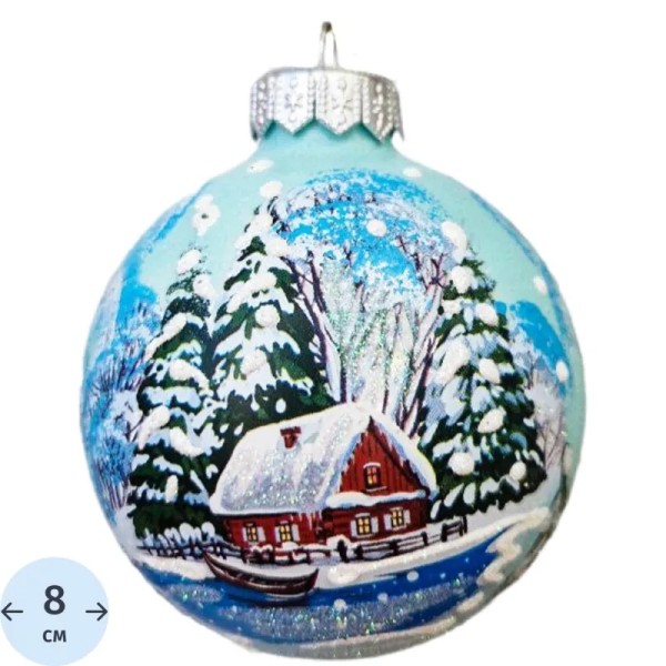 Ёлочный шар новогодний Коломеев Домик на берегу стекло голубой (диаметр 8 см)