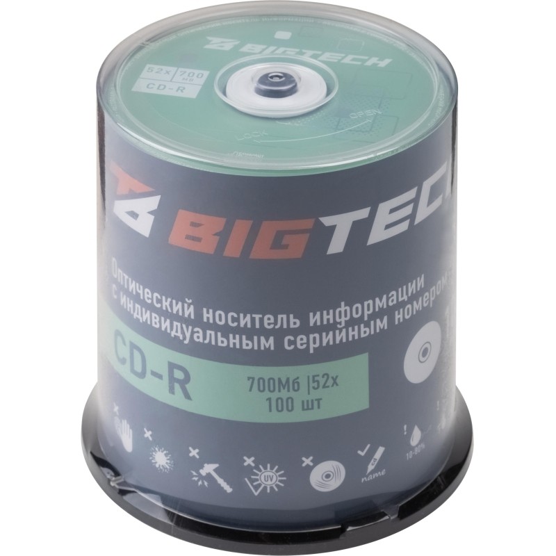 Носители информации Bigtech YCDRB001 CD-R 700 МБ/52х/100шт/уп cake box