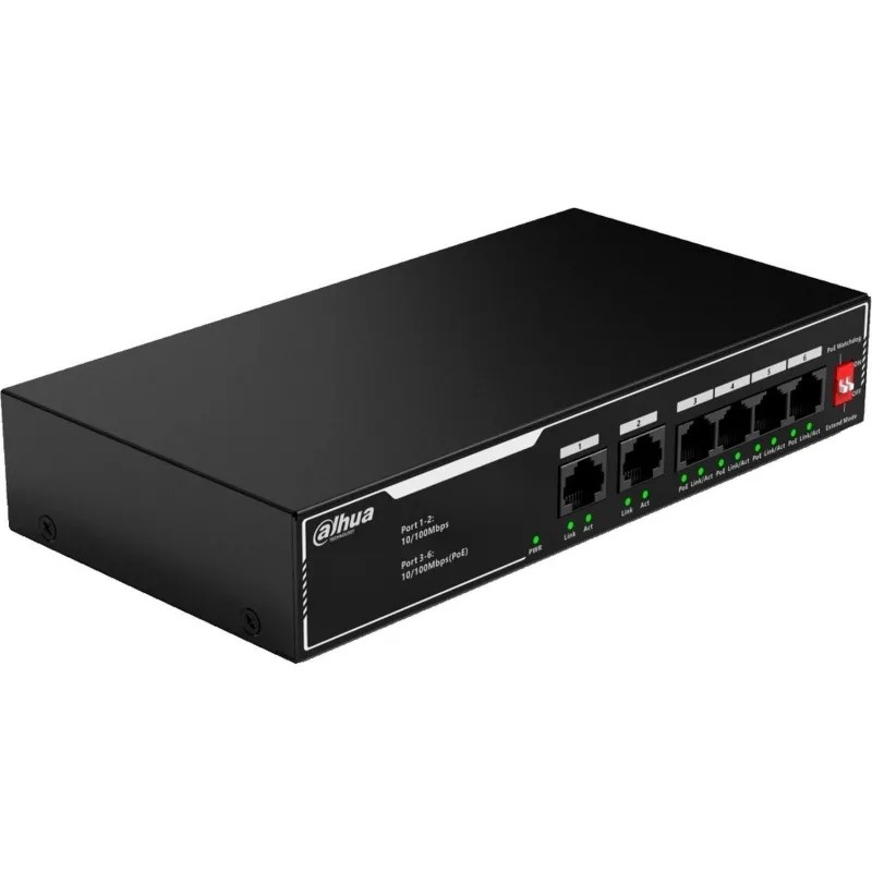 Коммутатор DAHUA (DH-SF1006LP) с РоЕ, 4xRJ45 100Mb PoE, 2xRJ45 100Mb uplink