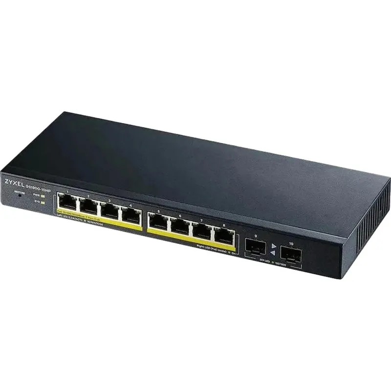 Коммутатор Zyxel Smart L2 PoE+ GS1900-10HP, 8xGE PoE+, 2xSFP, PoE 77 Вт