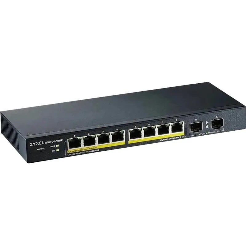 Коммутатор Zyxel Smart L2 PoE+ GS1900-10HP, 8xGE PoE+, 2xSFP, PoE 77 Вт