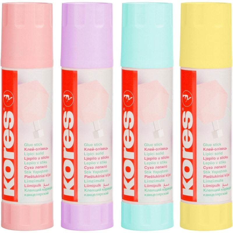 Клей-карандаш 20г Kores Pastel ассорти:розовый, желтый, фиолетовый ,мятный