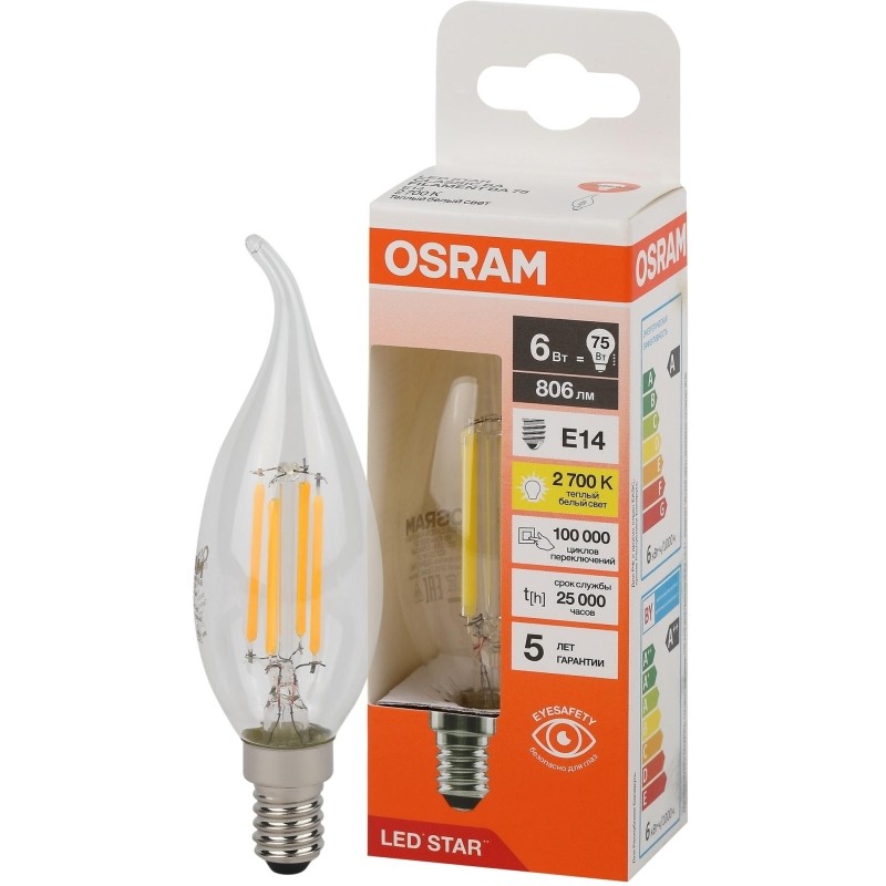 Лампа светодиодная OSRAM LSCLBA75 6W/827 230VFILCL E14 FS1