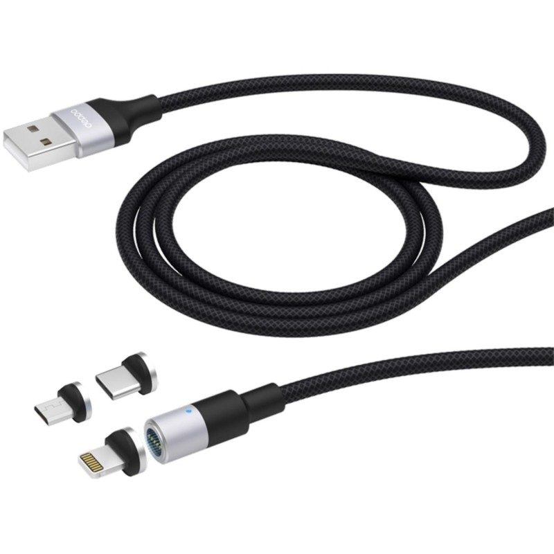 Кабель Deppa USB 3 в 1: microUSB, USB-C, Ligthning, 2.4A, магнитный, черный
