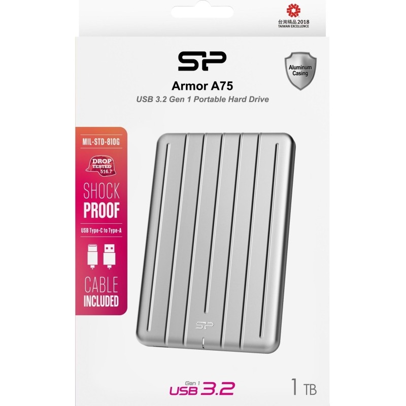 Портативный HDD Silicon Power Armor A75 1 TB USB 3.2, серебристый, алюминий