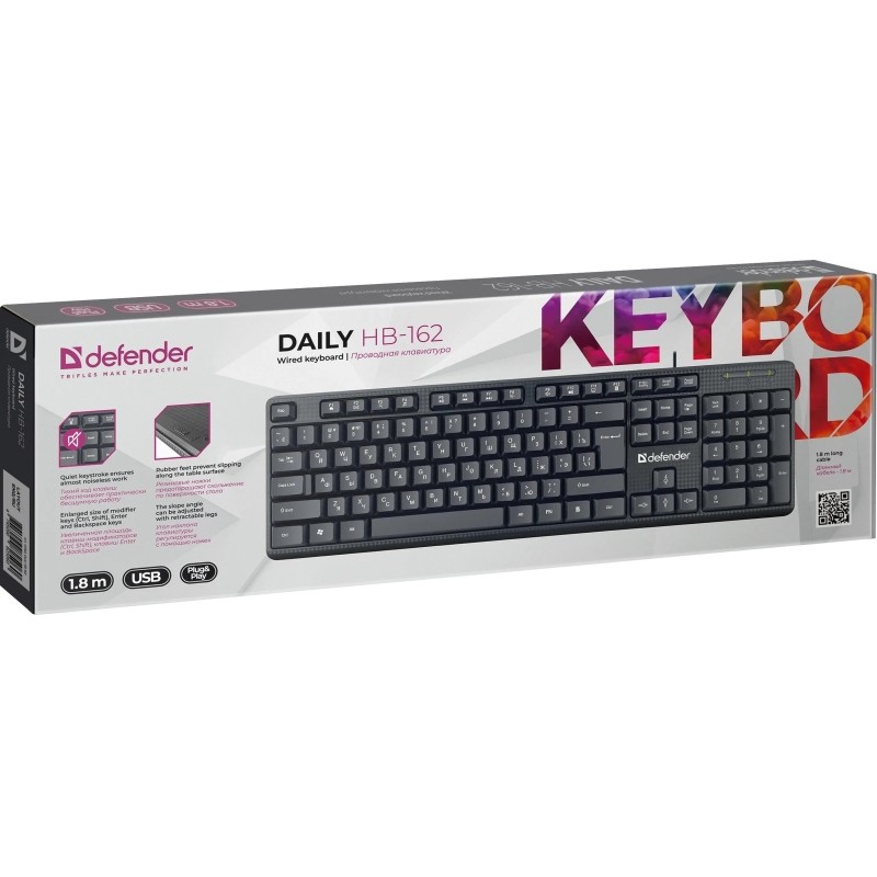 Клавиатура Defender Daily HB-162 RU проводн,черный,104кнопки+FN, 1.8м 45162