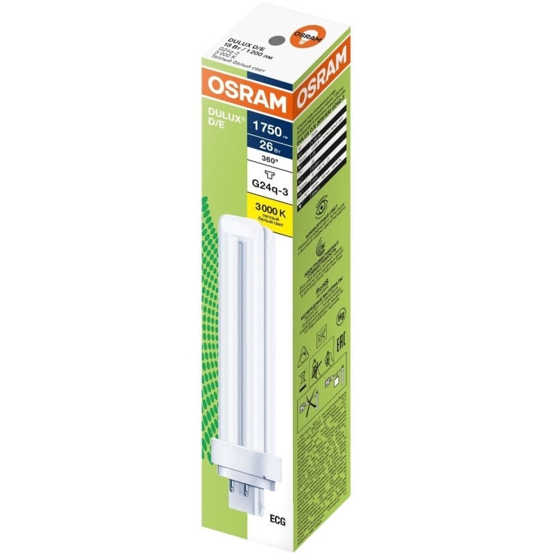 Лампа люминесцентная компактная DULUX D/E 26Вт/830 G24q-3 OSRAM