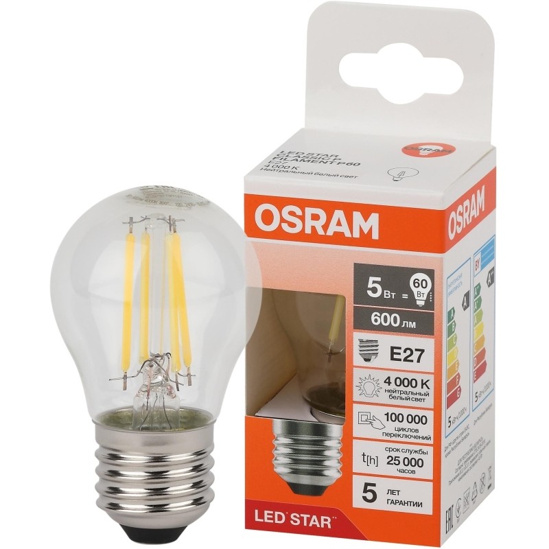 Лампа светодиодная OSRAM LSCLP60 5W/840 230VFILCL E27 FS1