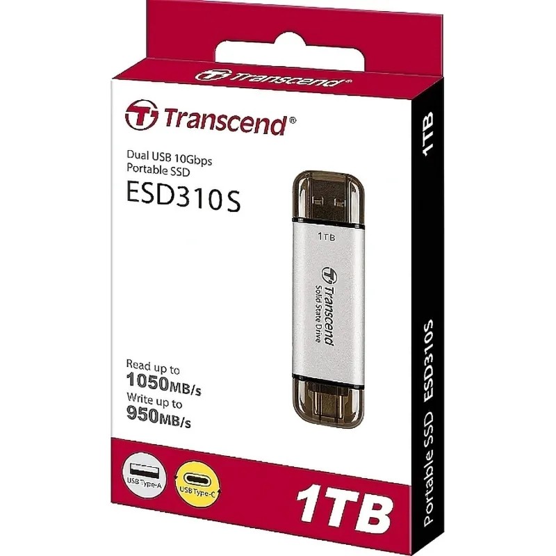 Портативный SSD Transcend 1Tb, USB 10Gbps, Type-C/Type-A, Серебряный