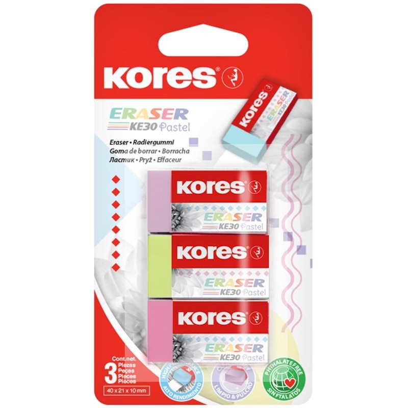 Ластик Kores 40x21x10мм прямоугольный пастельный 3 штуки