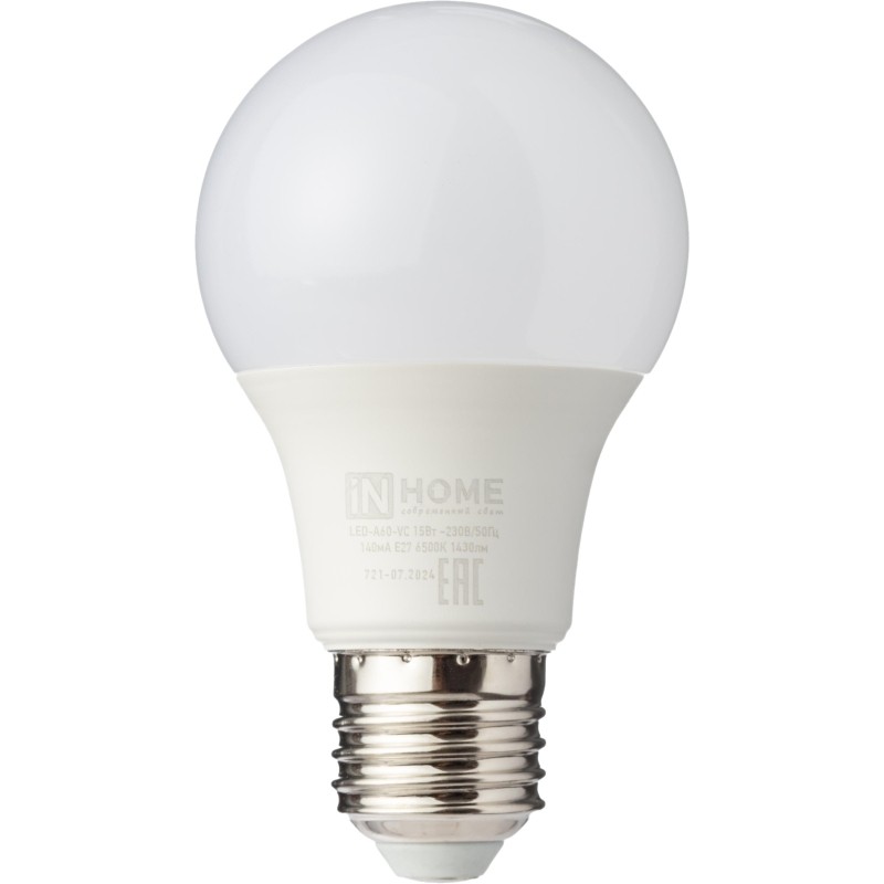 Лампа светодиодная LED-A60-VC 15Вт 230В Е27 6500К 1430Лм IN HOME