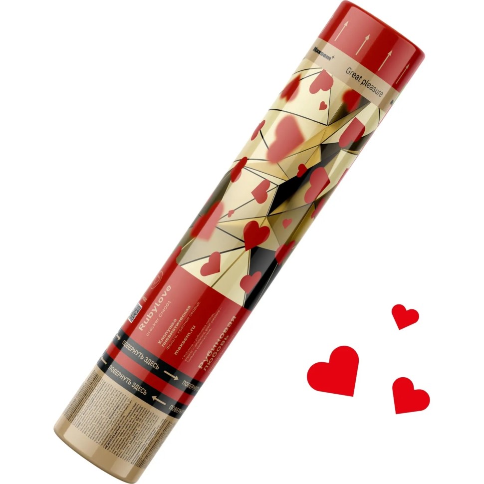 Хлопушка пневматическая 30см конфетти-сердца из фольги красный CM001