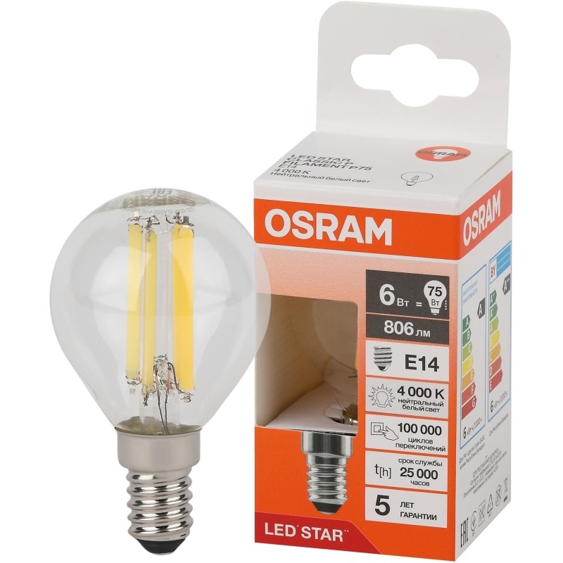 Лампа светодиодная OSRAMLSCLP75 6W/840 230VFILCL E14 FS1