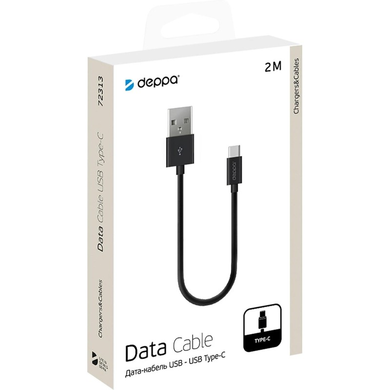 Кабель Deppa USB-A - USB-C, USB 2.0, 2.4A, 2м, черный