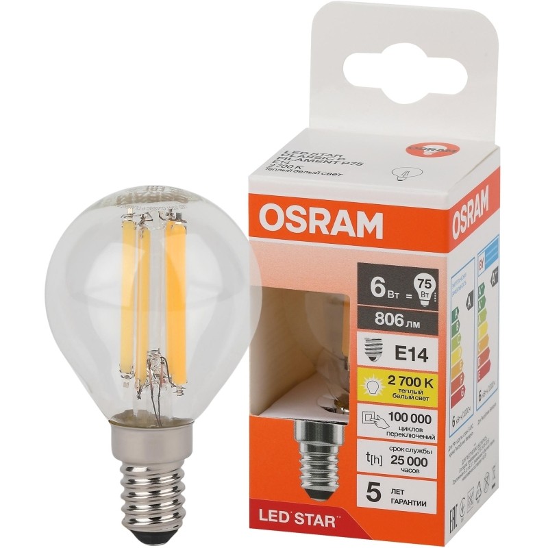 Лампа светодиодная OSRAMLSCLP75 6W/827 230VFILCL E14 FS1