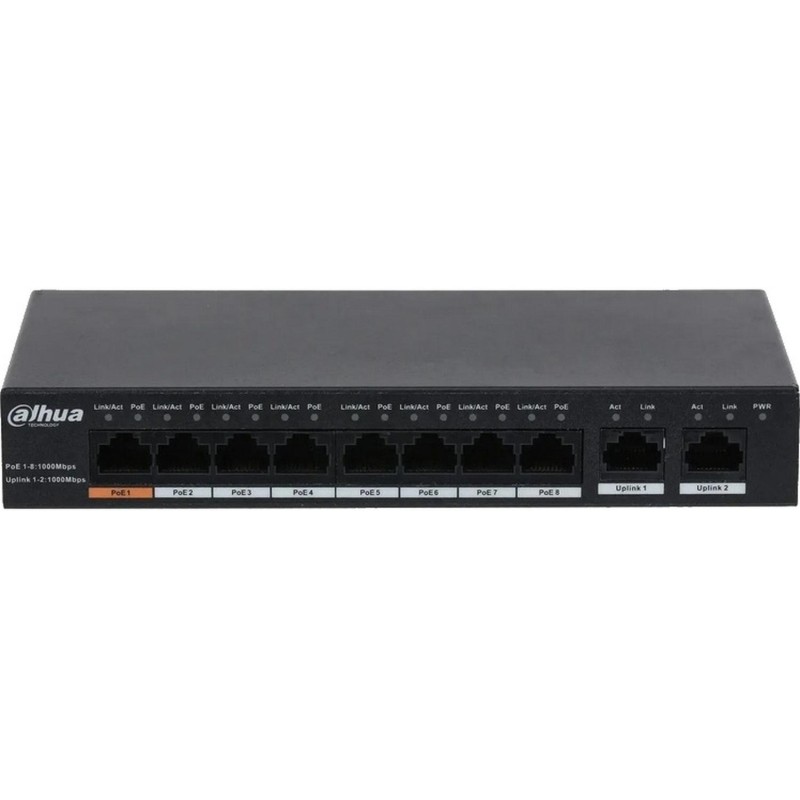 Коммутатор DAHUA (DH-PFS3010-8GT-96) гигабитный, 8xRJ45 1Gb PoE, 2xRJ45 1Gb