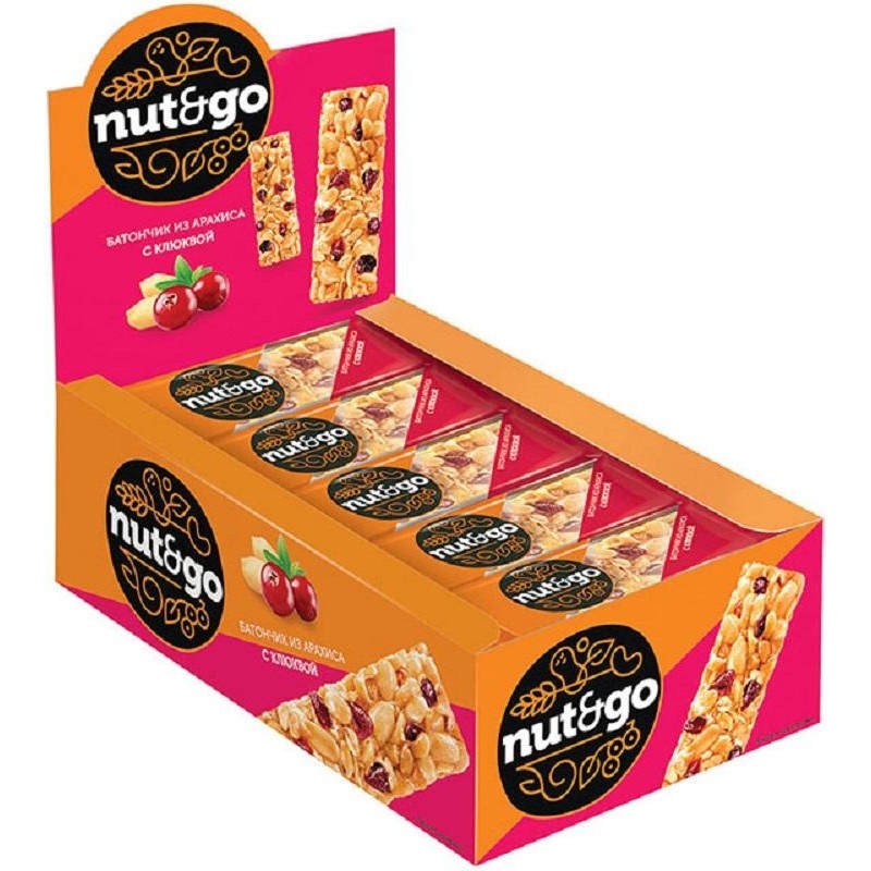 Батончик ореховый Nut N Go, 42гХ18шт/уп с арахисом и клюквой ВК248