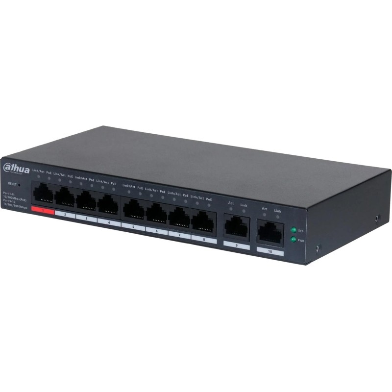 Коммутатор Dahua DH-CS4010-8ET-110 8-портовый PoE,обл упр,RJ45,uplink,110Вт