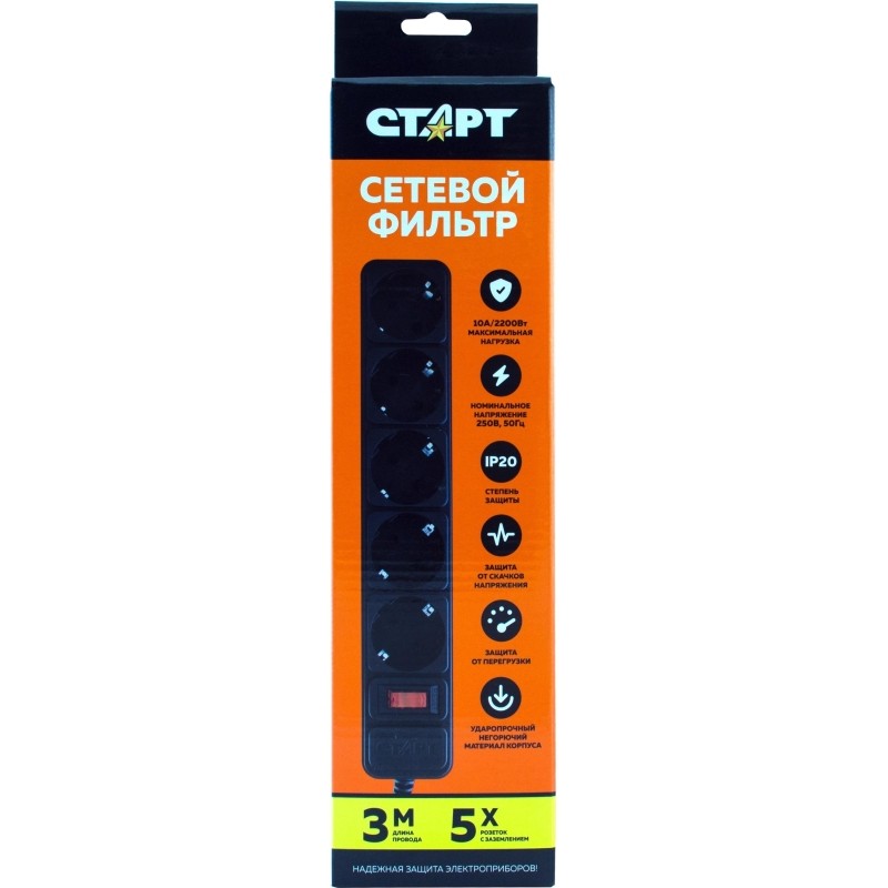 Сетевой фильтр СТАРТ С/УД-Ф SP 5x3 ZVT 5р/3м 10А/2200Вт черный